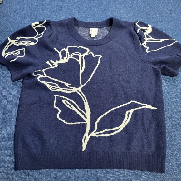 Maeve Sweaters - Maeve Anthropologie Maxine Puff-Sleeve Sweater Navy Blue Cream Floral Pattern XL